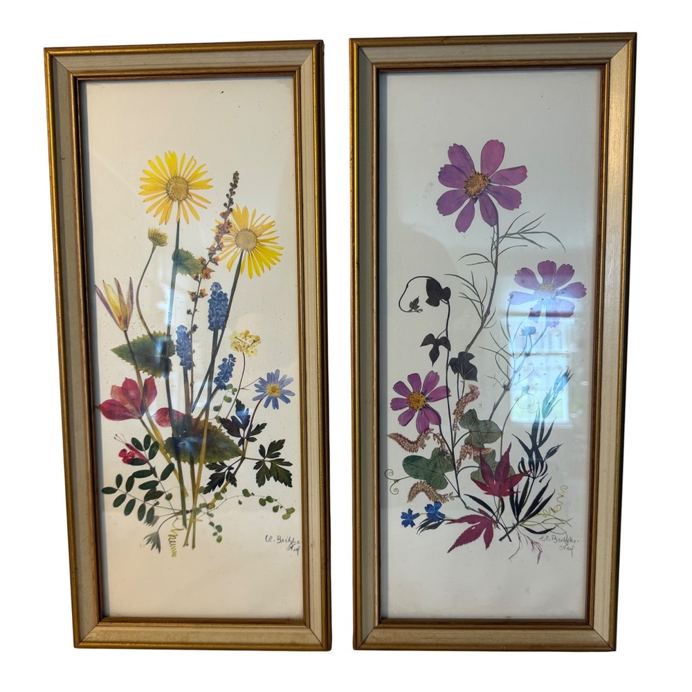 Vintage Signed Botanical Floral Art Prints Pair Gold Frames Cottagecore